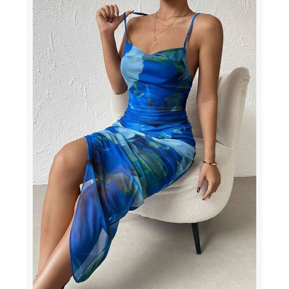 NEW Printed Bodycon Midi Cami Side Slit Mesh Layered Dress L 12/14 - Picture 6 of 7